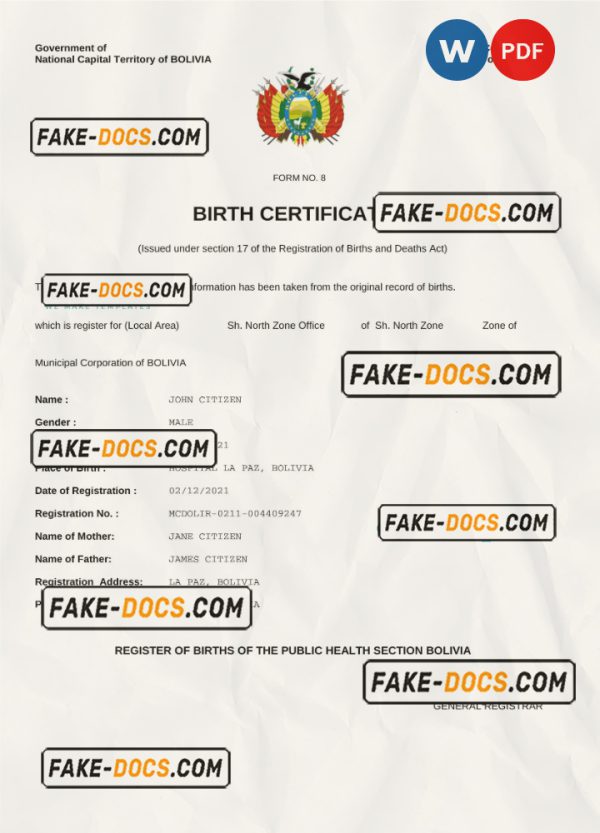 Bolivia vital record birth certificate Word and PDF template scan