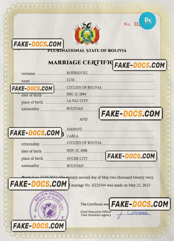 Bolivia marriage certificate PSD template, fully editable
