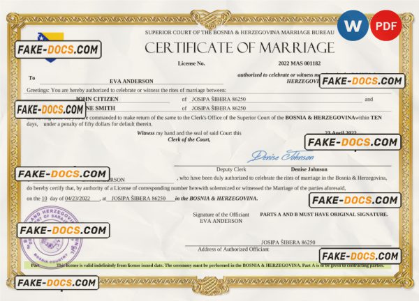 Bosnia & Herzegovina marriage certificate Word and PDF template, fully editable scan