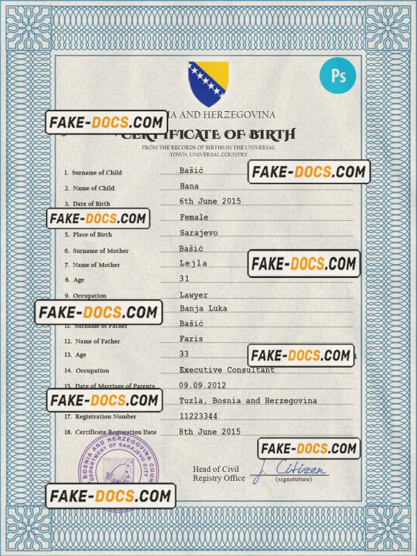 Bosnia and Herzegovina birth certificate PSD template, completely editable scan