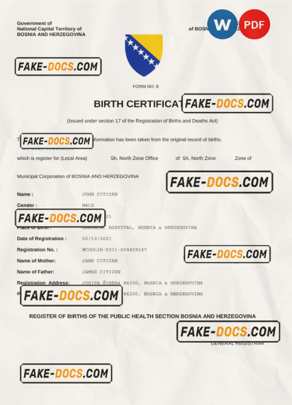 Bosnia and Herzegovina vital record birth certificate Word and PDF template, fully editable scan