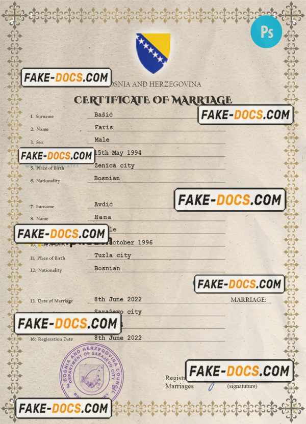 Bosnia and Herzegovina marriage certificate PSD template, completely editable scan
