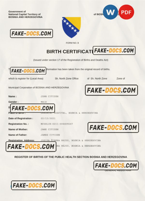 Bosnia and Herzegovina vital record birth certificate Word and PDF template, fully editable scan