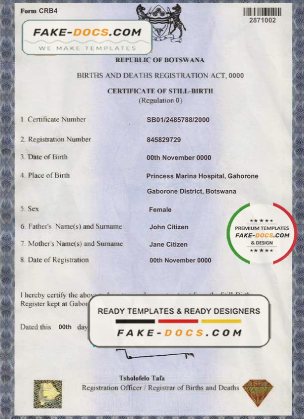 Botswana birth certificate template in PSD format, fully editable scan