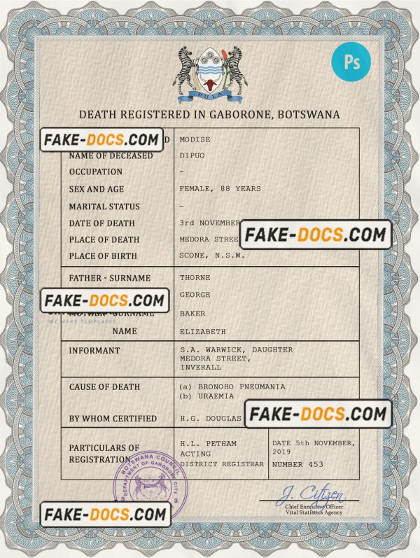 Botswana vital record death certificate PSD template scan
