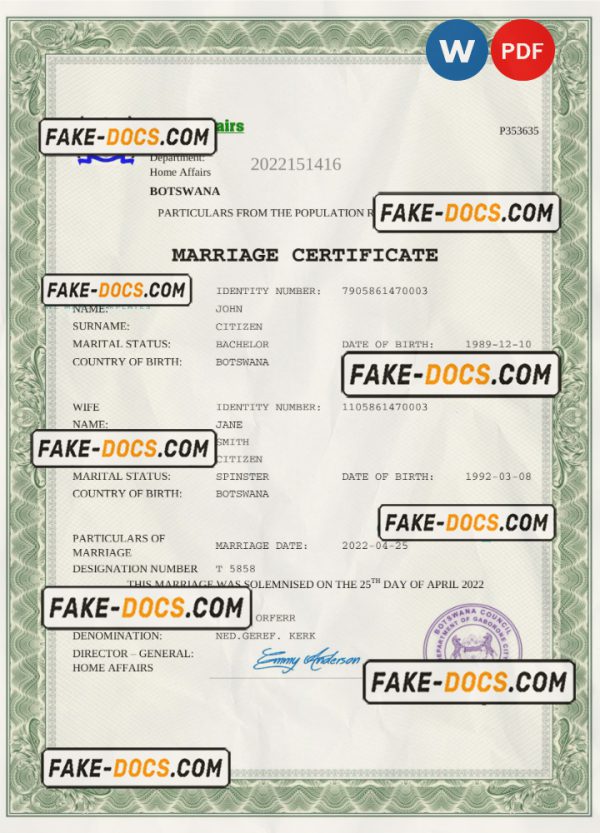 Botswana marriage certificate Word and PDF template, completely editable scan