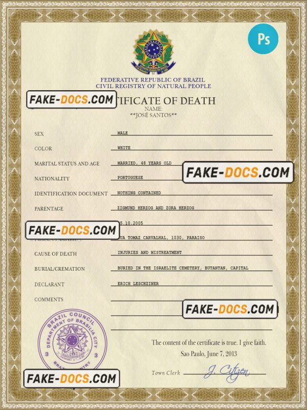 Brazil death certificate PSD template, completely editable scan