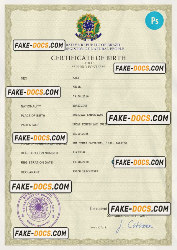 Brazil vital record birth certificate PSD template scan