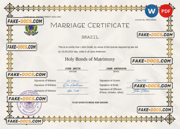 Brazil marriage certificate Word and PDF template, fully editable scan