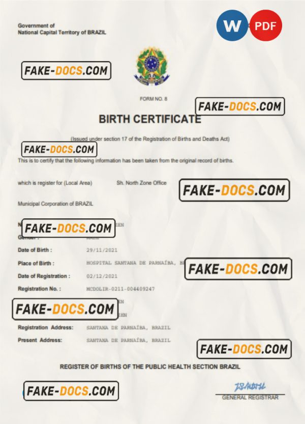 Brazil vital record birth certificate Word and PDF template, completely editable scan