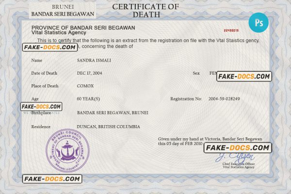 Brunei vital record death certificate PSD template, fully editable scan