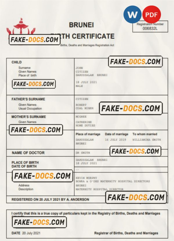 Brunei vital record birth certificate Word and PDF template scan