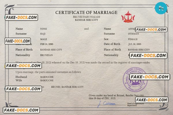 Brunei marriage certificate PSD template, fully editable scan