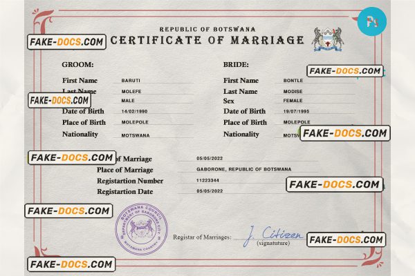 Botswana marriage certificate PSD template, fully editable scan