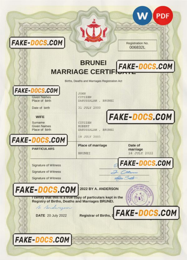 Brunei marriage certificate Word and PDF template, completely editable scan