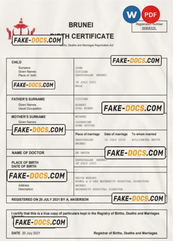 Brunei vital record birth certificate Word and PDF template scan