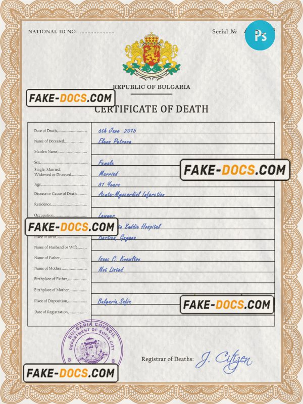 Bulgaria death certificate PSD template, completely editable scan