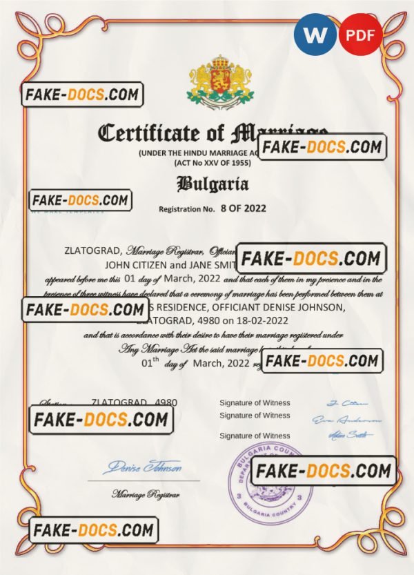Bulgaria marriage certificate Word and PDF template, fully editable scan