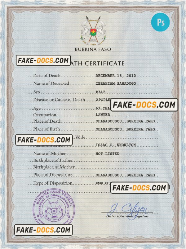 Burkina Faso vital record death certificate PSD template, completely editable scan