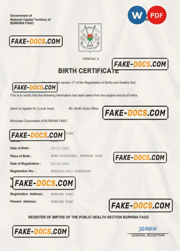 Burkina Faso birth certificate Word and PDF template, completely editable scan