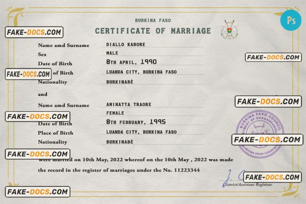 Burkina Faso marriage certificate PSD template, fully editable scan