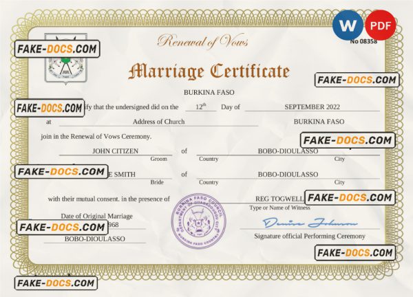 Burkina Faso marriage certificate Word and PDF template, fully editable scan