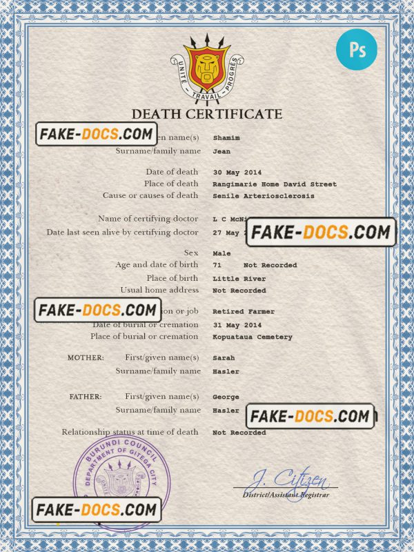 Burundi vital record death certificate PSD template scan