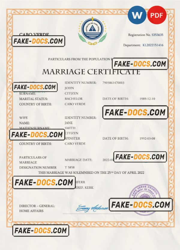 Cabo Verde marriage certificate Word and PDF template, completely editable scan