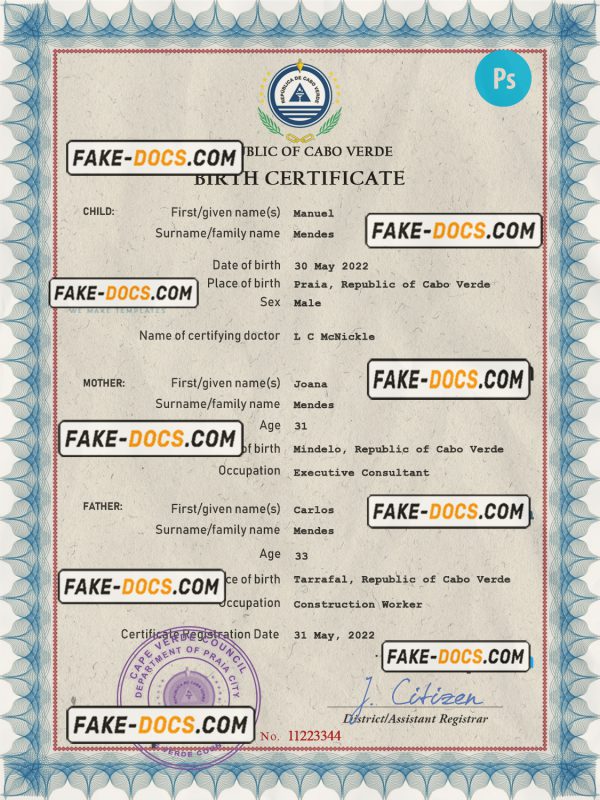 Cabo Verde vital record birth certificate PSD template, completely editable scan