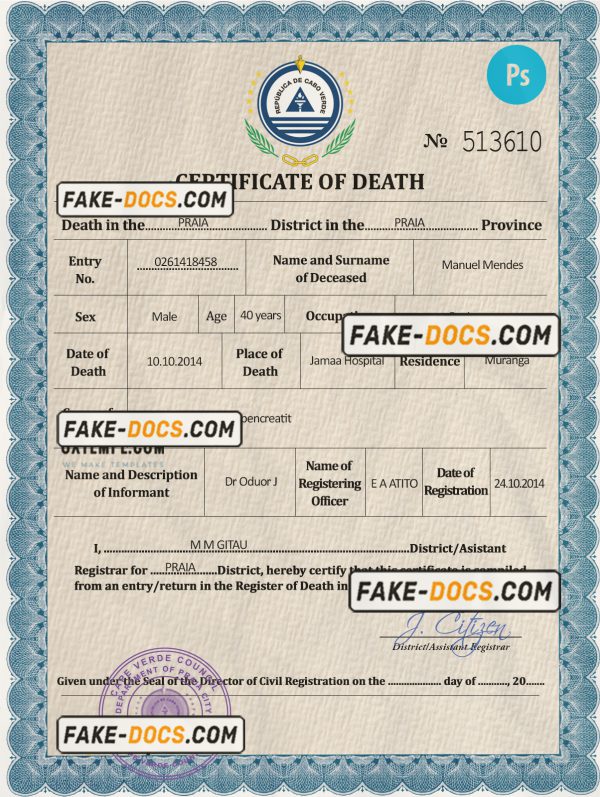 Cabo Verde death certificate PSD template, completely editable scan