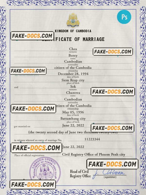 Cambodia marriage certificate PSD template, completely editable