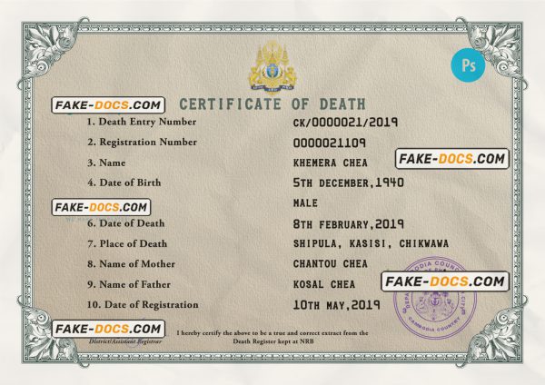 Cambodia vital record death certificate PSD template scan