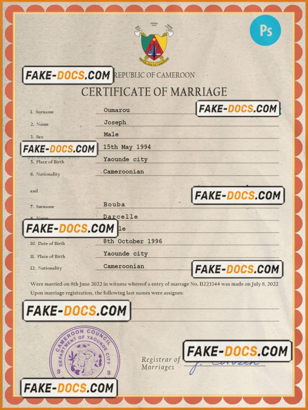 Cameroon marriage certificate PSD template, completely editable scan