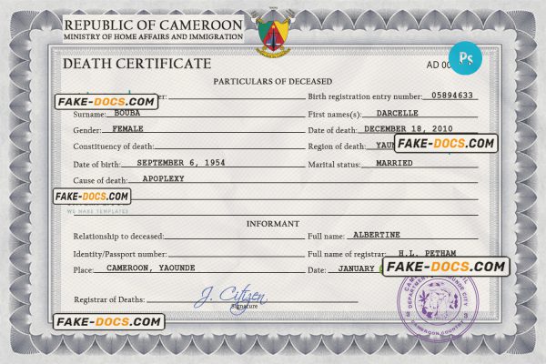 Cameroon death certificate PSD template, completely editable scan