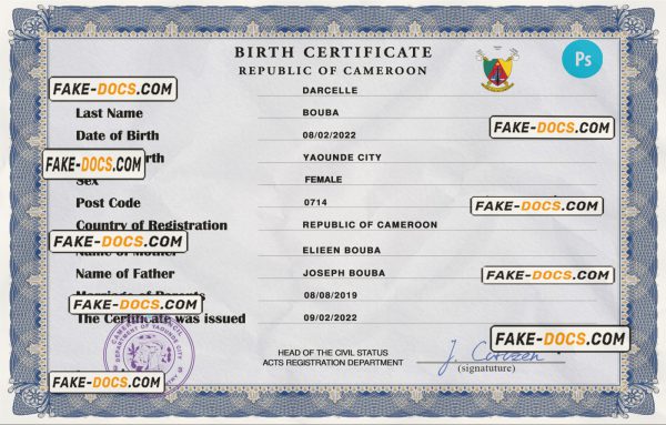Cameroon vital record birth certificate PSD template scan