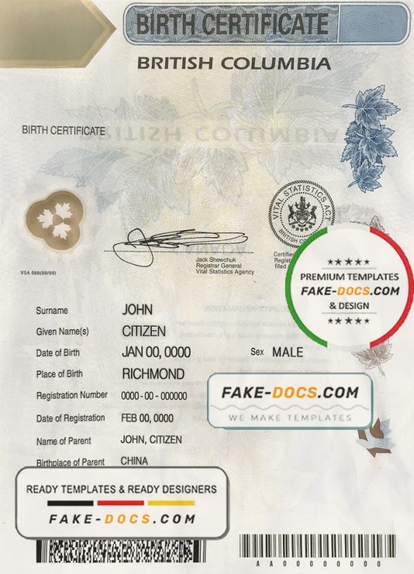 Canada British Columbia Birth Certificate template in PSD format