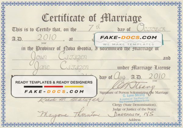 Canada Province of Nova Scotia marriage certificate template in PSD format scan