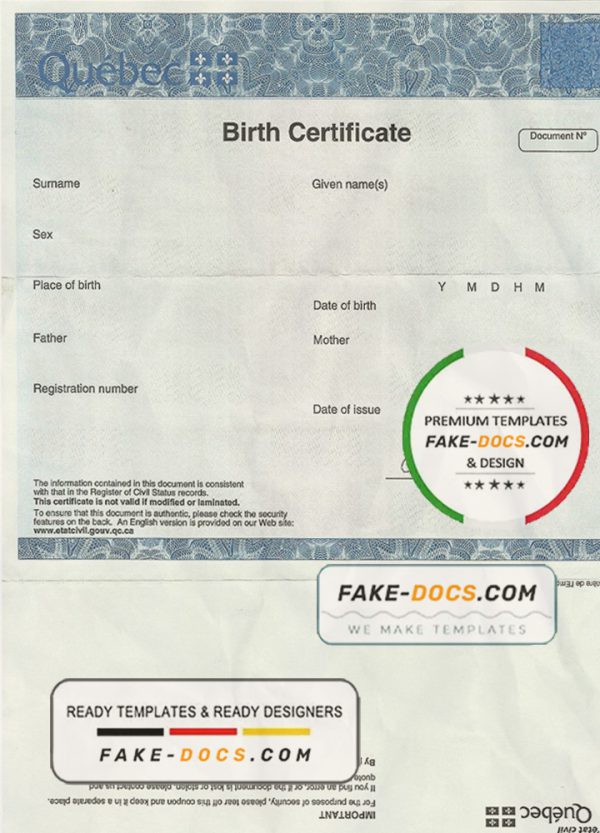 Canada Quebec Birth Certificate template in PSD format scan