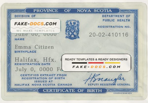 Canada Province of Nova Scotia birth certificate template in PSD format scan