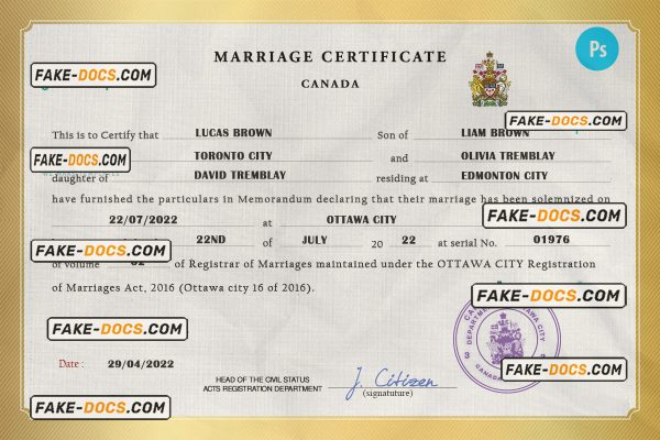 Canada marriage certificate PSD template, fully editable scan