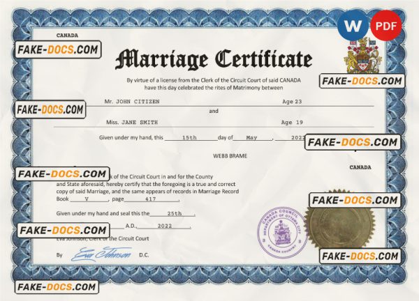 Canada marriage certificate Word and PDF template, fully editable scan