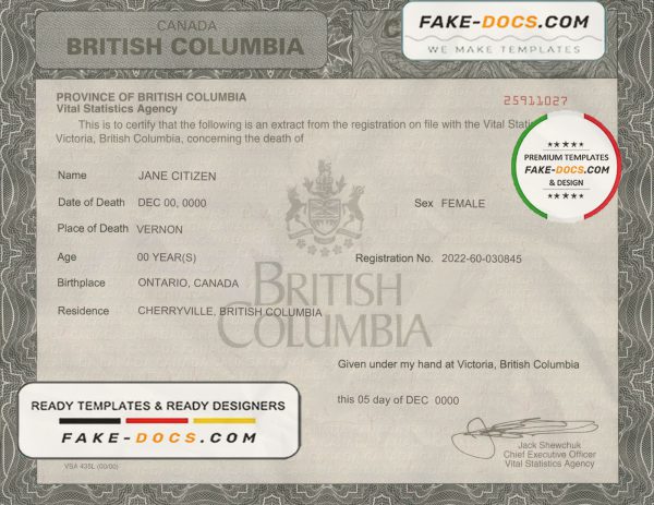 Canada British Columbia death certificate template in PSD format