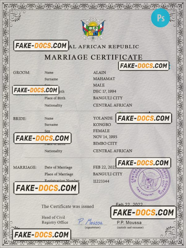 Central African Republic marriage certificate PSD template, completely editable scan