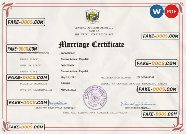 Central African Republic marriage certificate Word and PDF template, completely editables scan