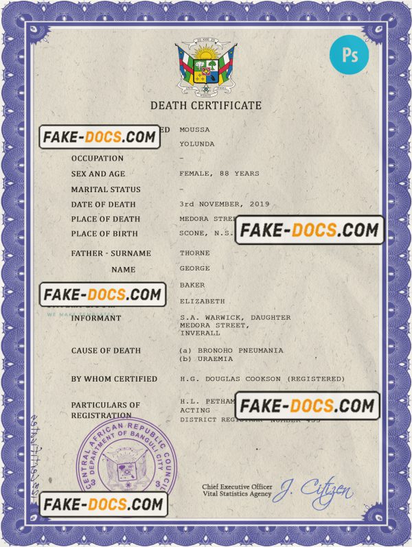 Central African Republic death certificate PSD template, completely editable scan