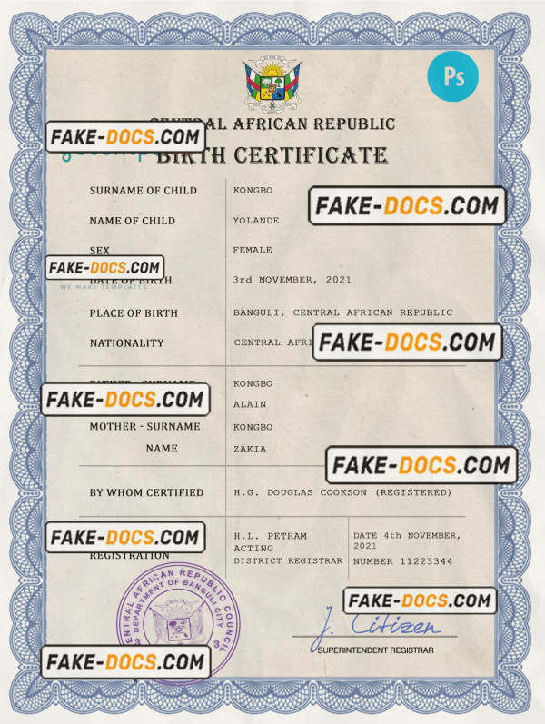 Central African Republic birth certificate PSD template, completely editable scan
