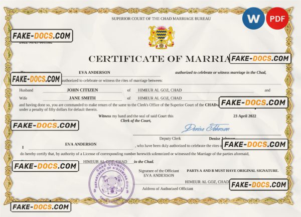 Chad marriage certificate Word and PDF template, completely editable scan