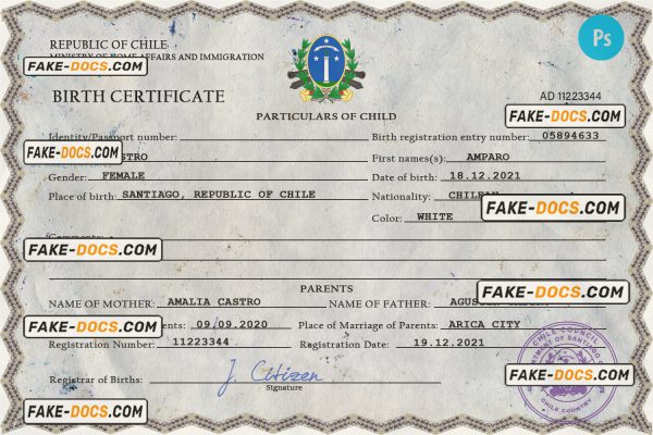 Chile vital record birth certificate PSD template scan