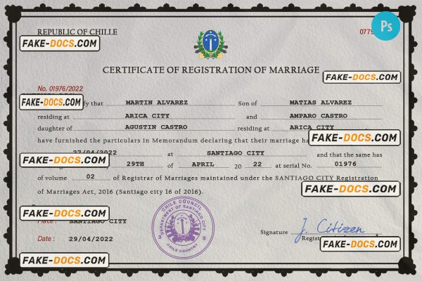 Chile marriage certificate PSD template, completely editable scan