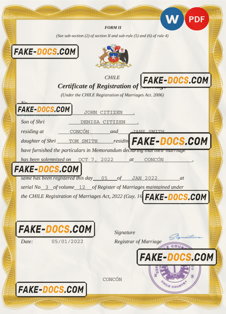 Chile marriage certificate Word and PDF template, fully editable scan